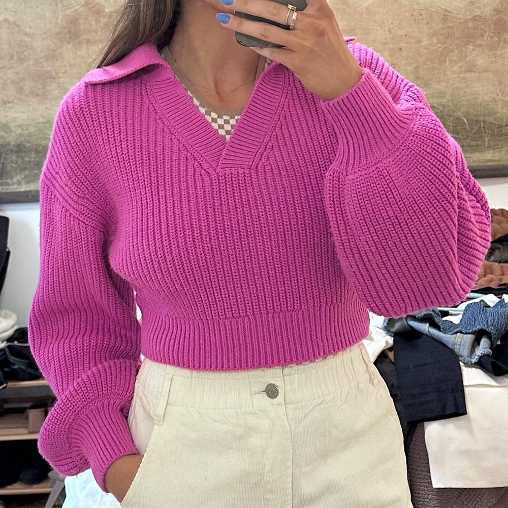 Zara Pink Cropped Sweater with Collar